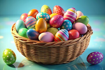 Pastel Blue Easter Basket with Colorful Eggs - Spring Holiday Concept