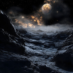 Fototapeta premium A rocky, barren landscape on a celestial body, possibly a moon or asteroid. The surface is rugged, with numerous craters and uneven terrain. In the background, there is a view of space.