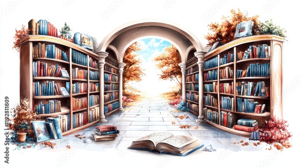 Poster enchanted library pathway with bookshelves and open book surrounded by autumn trees and light