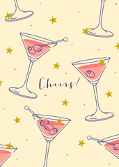 Cocktails Modern flat print. Colorful background with cocktail glasses. Cafe, bar and restaurant concept poster and web banner. Vector illustration