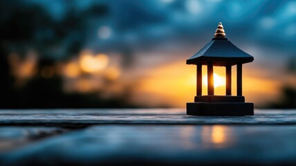 Small lantern on wooden surface illuminates dusk