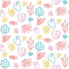 Flowers buds crayon drawn seamless pattern. Colorful floral allover background. Line art stroke botany repeat cover. Surface pattern design spring motif. Vector hand drawn illustration.