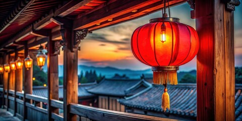 Red Oriental Lantern Hanging in Traditional Asian Architecture at Dusk
