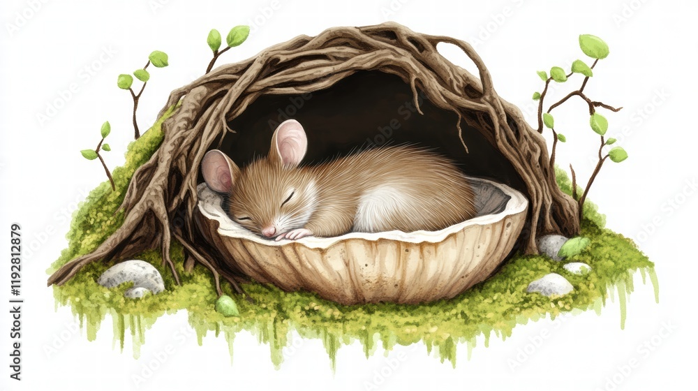 Poster Cozy mouse resting in a shell nest surrounded by greenery and natural elements in a tranquil setting. Generative AI