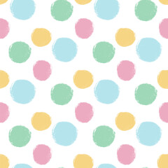 Polka dots abstract seamless pattern crayon drawn. Circular spots allover background. Round brush blobs repeat cover. Scribble oval elements marker draw. Vector surface design festive motif.