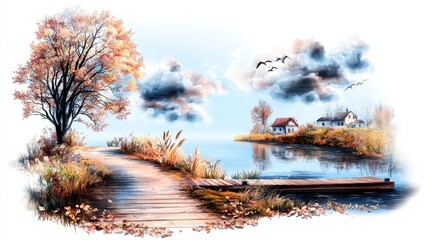 Serene Autumn Landscape with Colorful Leaves, Calm Water and Charming Houses by the Shore