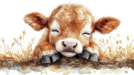 Adorable calf resting peacefully in a grassy field, surrounded by wildflowers under a bright sky
