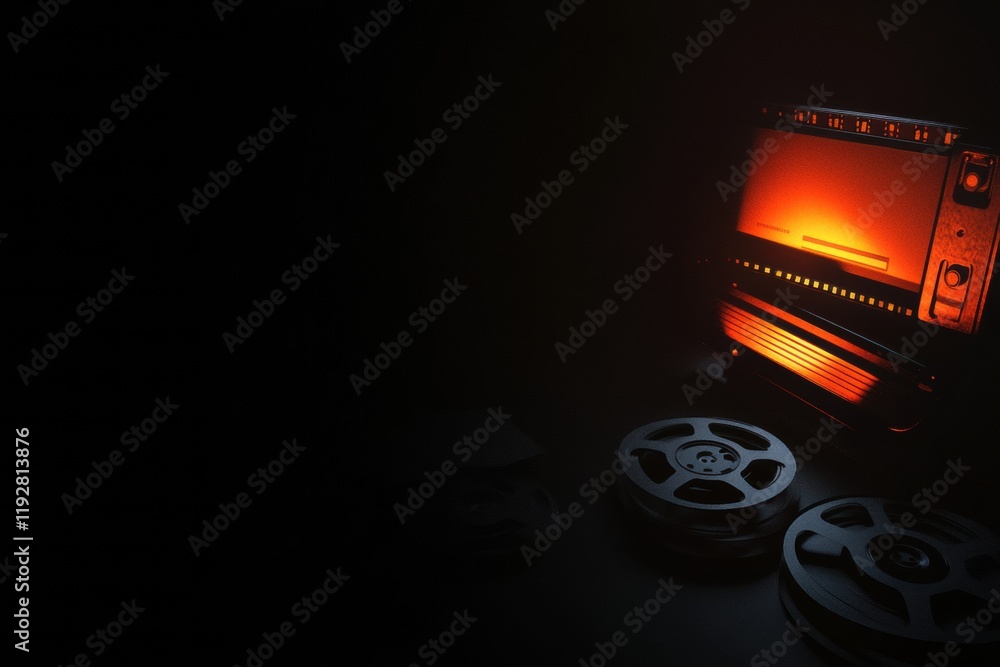 Fototapete retro film projector setup featuring reels and a classic clapperboard illuminated in warm light. gen