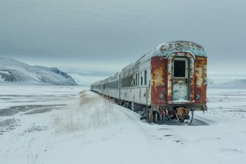 Old rusty abandoned train covered by snow in a frozen and desolate landscape