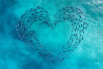 Fototapeta premium Aerial view of a school of fish forming a heart shape in the ocean. A stunning display of marine life and natural beauty.