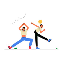 Two People Stretching In Flat Vector Illustration Symbolizing Fitness, Exercise, And Healthy Lifestyle, Isolated On White Background