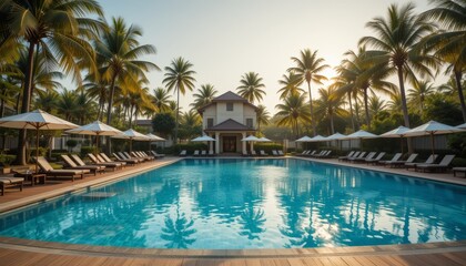 Luxury Poolside at a Tropical Beach Resort Under Clear Sky