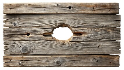 Obraz premium Rustic Weathered Wooden Planks with Large Hole - Isolated on White Background