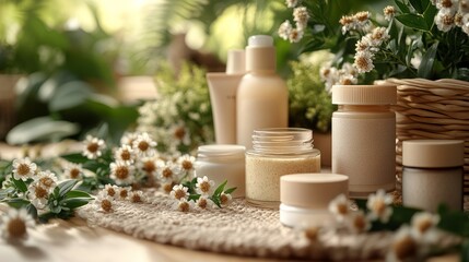 Beauty website template featuring natural skincare products surrounded by greenery and flowers. Generative AI