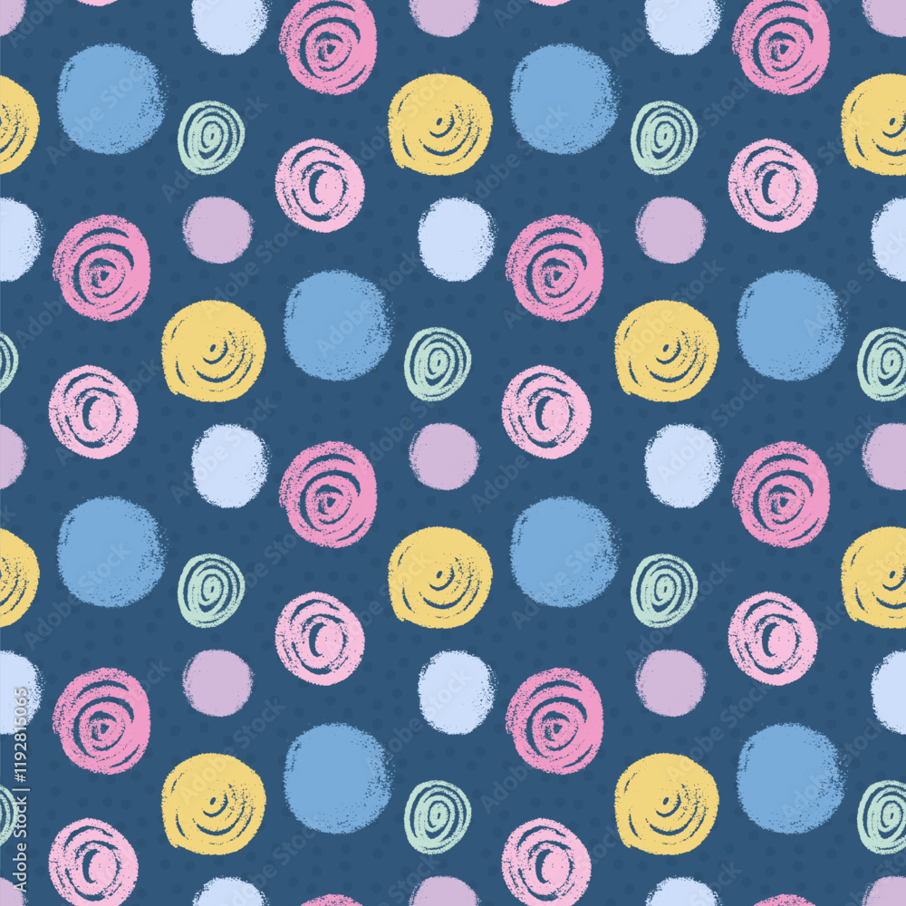 Aufkleber polka dots abstract seamless pattern crayon drawn. circular spots allover background. round brush bl