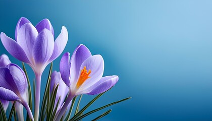 Fototapeta premium purple crocus flowers on blue background with copy space.