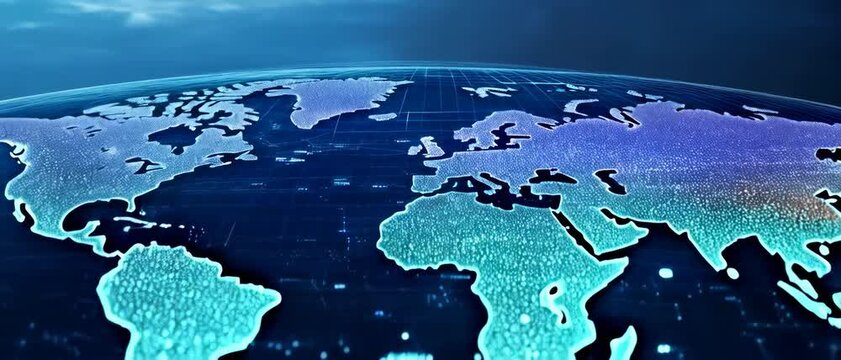 Anamorphic video digital world map with lines dots connections. World Communication Business Technology Network 