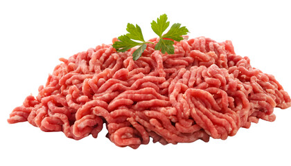 Freshly prepared ground beef displayed with a vibrant green parsley. Perfect for culinary presentations or food-related designs needing a professional touch. Isolated on white background