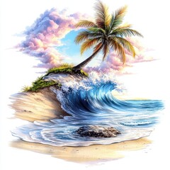A Vibrant Tropical Paradise with Palm Tree and Rolling Waves Under a Colorful Sky at Sunset