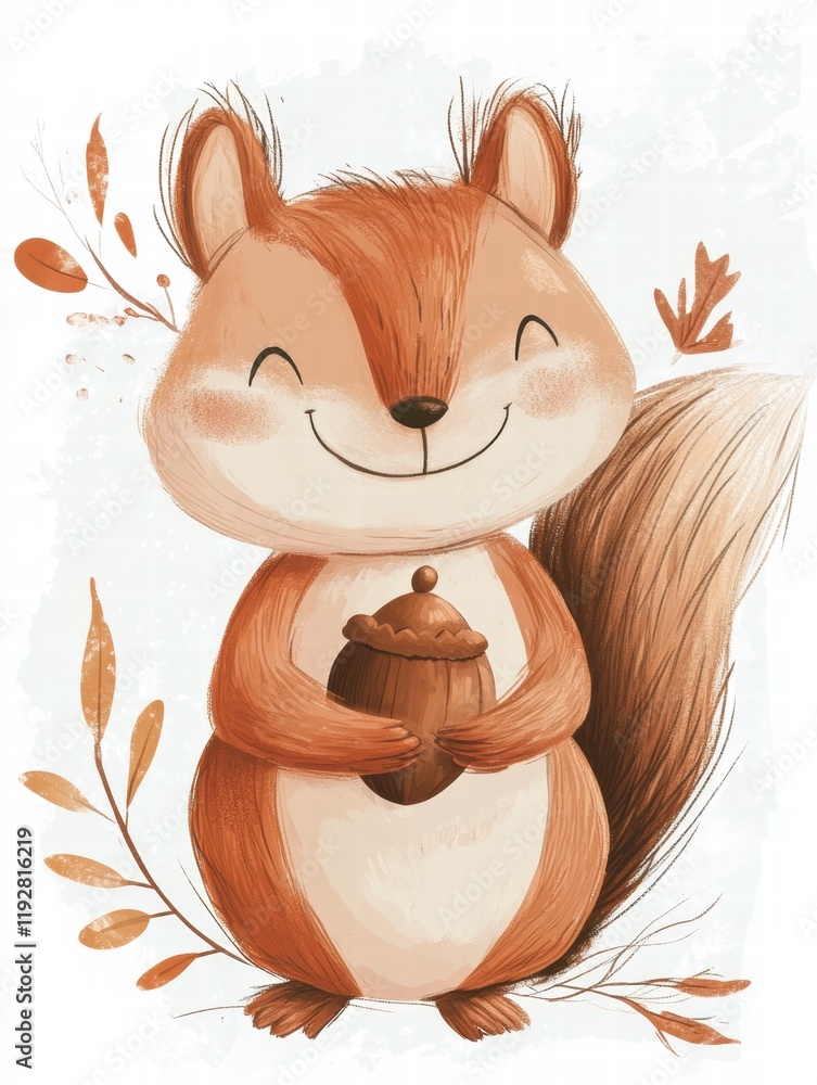 Poster charming illustration of a cheerful squirrel holding an acorn surrounded by autumn leaves. generativ