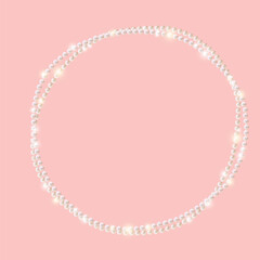 Pearls. Beads. Jewelry. Garland. Festive decoration. Beautiful vector background of sparkling pearls on a pink background. Necklace. Border.