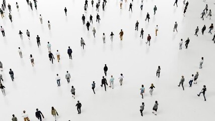 Growing crowd of diverse pedestrians walking across stark white background, representing urban population movement and multicultural demographic shift. - Powered by Adobe