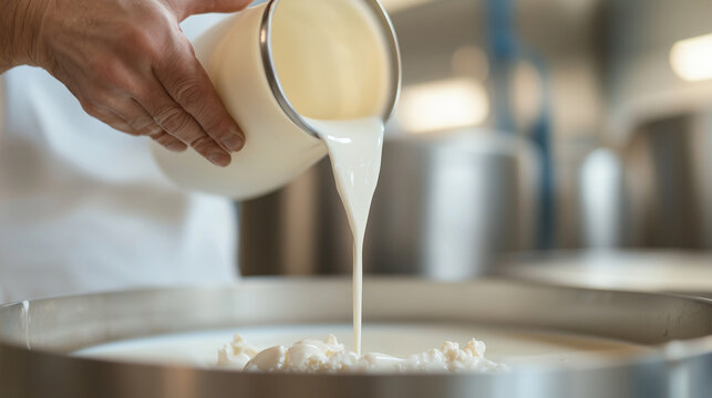 Fresh Milk Poured into Cheese Vat in Farm to Table Process - Powered by Adobe
