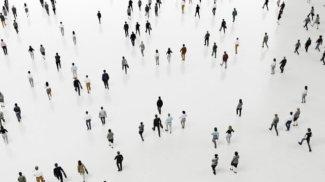Growing crowd of diverse pedestrians walking across stark white background, representing urban population movement and multicultural demographic shift.