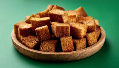 Crispy fried brown croutons for soup on green background