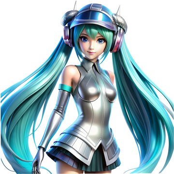 Hatsune Miku the famous virtual singer from japan isolated on transparent background