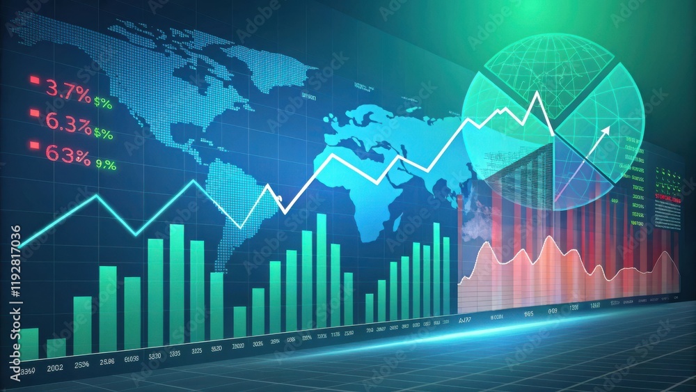 Poster a digital display shows global financial data with various charts and graphs depicting trends, growt