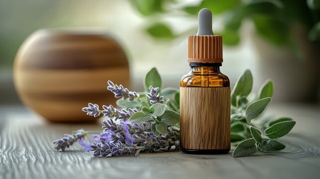 A calming scene featuring a bottle of Sage essential oil, fresh Sage flowers, and a wooden diffuser, highlighting its therapeutic qualities.