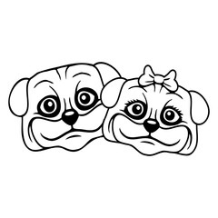 2 Dog Pug Man Woman Couple Two Love Valentines Day Design Lover Art Vector Illustration Card T-Shirt Poster Sticker Graphic Print Decorative Drawing Isolated Logo Decoration Symbol Creative Cool Style