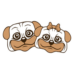 2 Dog Pug Man Woman Couple Two Love Valentines Day Design Lover Art Vector Illustration Card T-Shirt Poster Sticker Graphic Print Decorative Drawing Isolated Logo Decoration Symbol Creative Cool Style
