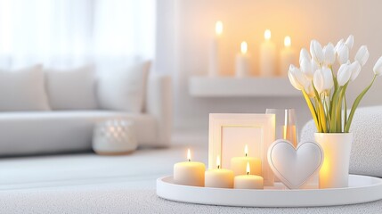 A collection of heart-themed home accessories, such as throw pillows, picture frames, and candles, arranged in a cozy living room to create a loving atmosphere.