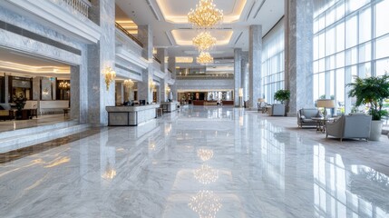 Elegant hotel lobby design marble flooring and grand chandeliers creating a sophisticated urban center atmosphere