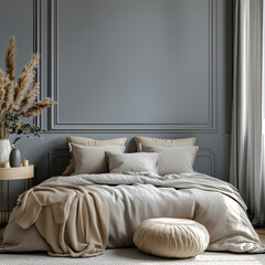 Elegant bedroom interior in classic Parisian style, with a large bed and decor