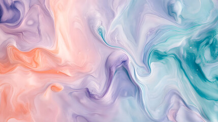 Fototapeta premium An abstract painting with soft pastel colors such as lavender, mint green, and peach, blending harmoniously in fluid patterns to evoke a serene and calming atmosphere 