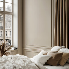 Elegant bedroom interior in classic Parisian style, with a large bed and decor