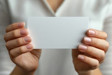 Obraz premium Blank business card being held by a person with natural nails in a simple, clean setting during daytime. Generative AI