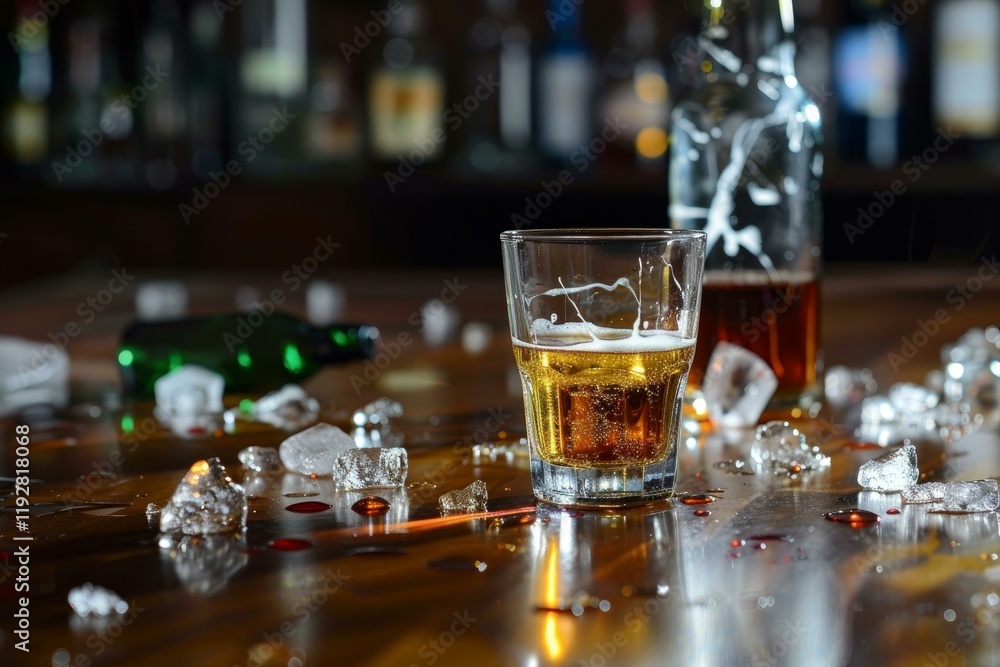 Poster glass with beer is standing on bar with melting ice and empty bottles in the background