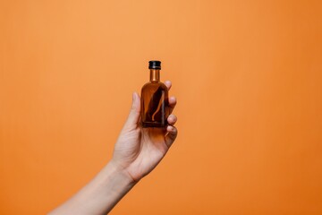 Elegant hand holding small glass blank bottle mockup on orange background. Package for cosmetics product, nutritional supplements, mixture, alcohol. Space for text