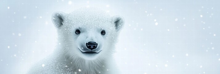 Fototapeta premium Polar bear cub in a snowy landscape during a winter snowfall. Generative AI