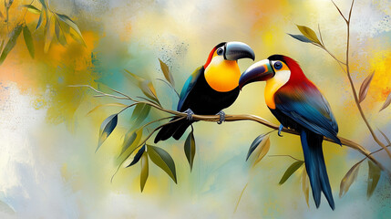 Naklejka premium Vibrant Toucans Perched in Tropical Foliage