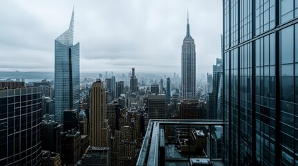 Naklejka premium Stunning cityscape view of new york's skyscrapers urban landscape aerial perspective cloudy atmosphere modern architecture