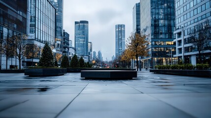 Naklejka premium Urban landscape photography minimalistic city vibe modern architecture early morning tranquil environment wide angle view
