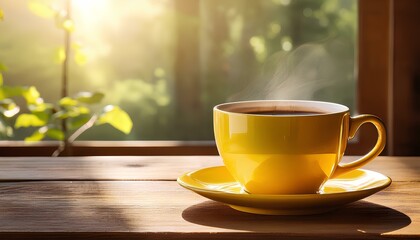 Obraz premium yellow cup of coffee on wooden table with copy space for add text