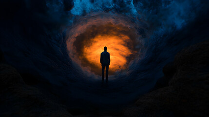 Obraz premium Person standing in a dark tunnel illuminated by glowing orange light during a surreal moment of contemplation and introspection