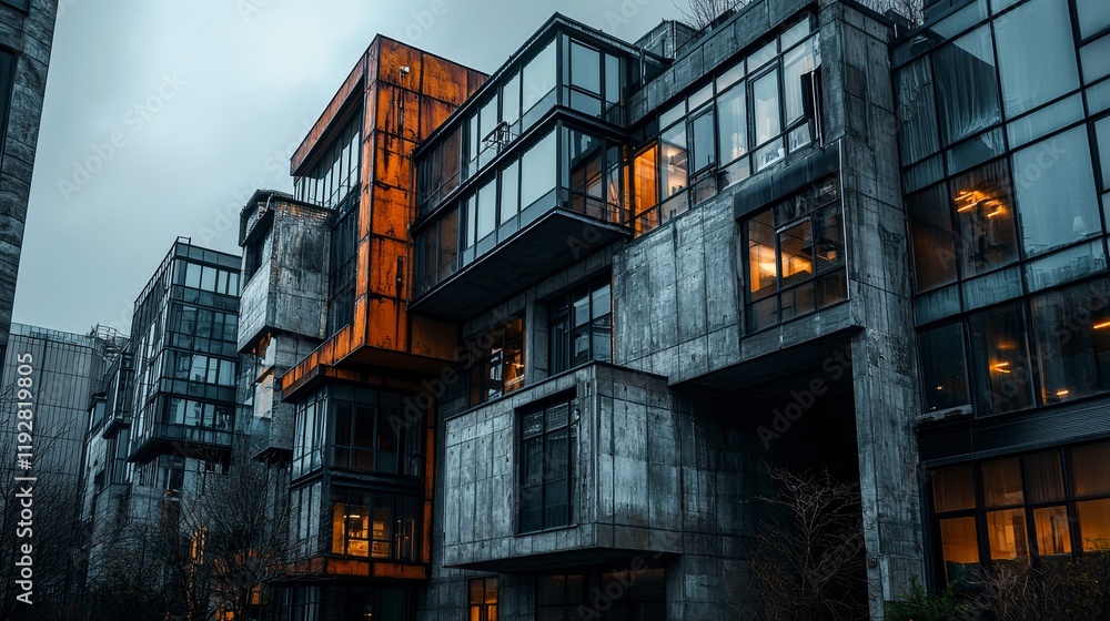 Aufkleber fragmented asymmetry in postmodern architecture urban setting architectural photography evening ligh