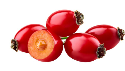 Close-up of freshly harvested rosehips, including a halved fruit revealing seeds, isolated on white. Isolated on white background